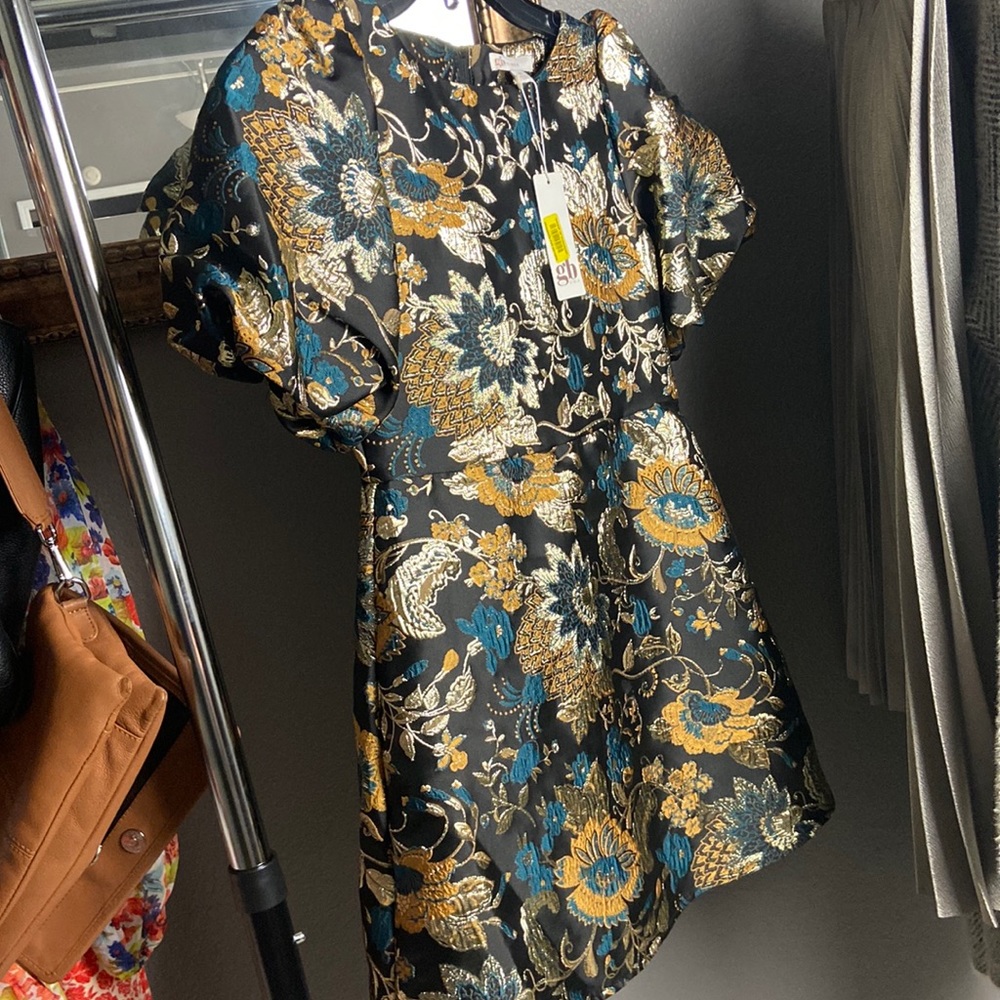 Beautiful Fall Dress. Gold and teal floral appliqué. Aline structured dress.